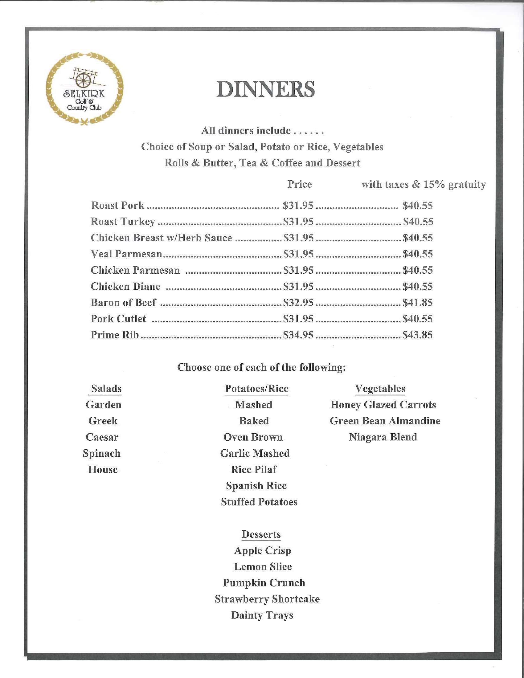 2022 banquet menu dinners