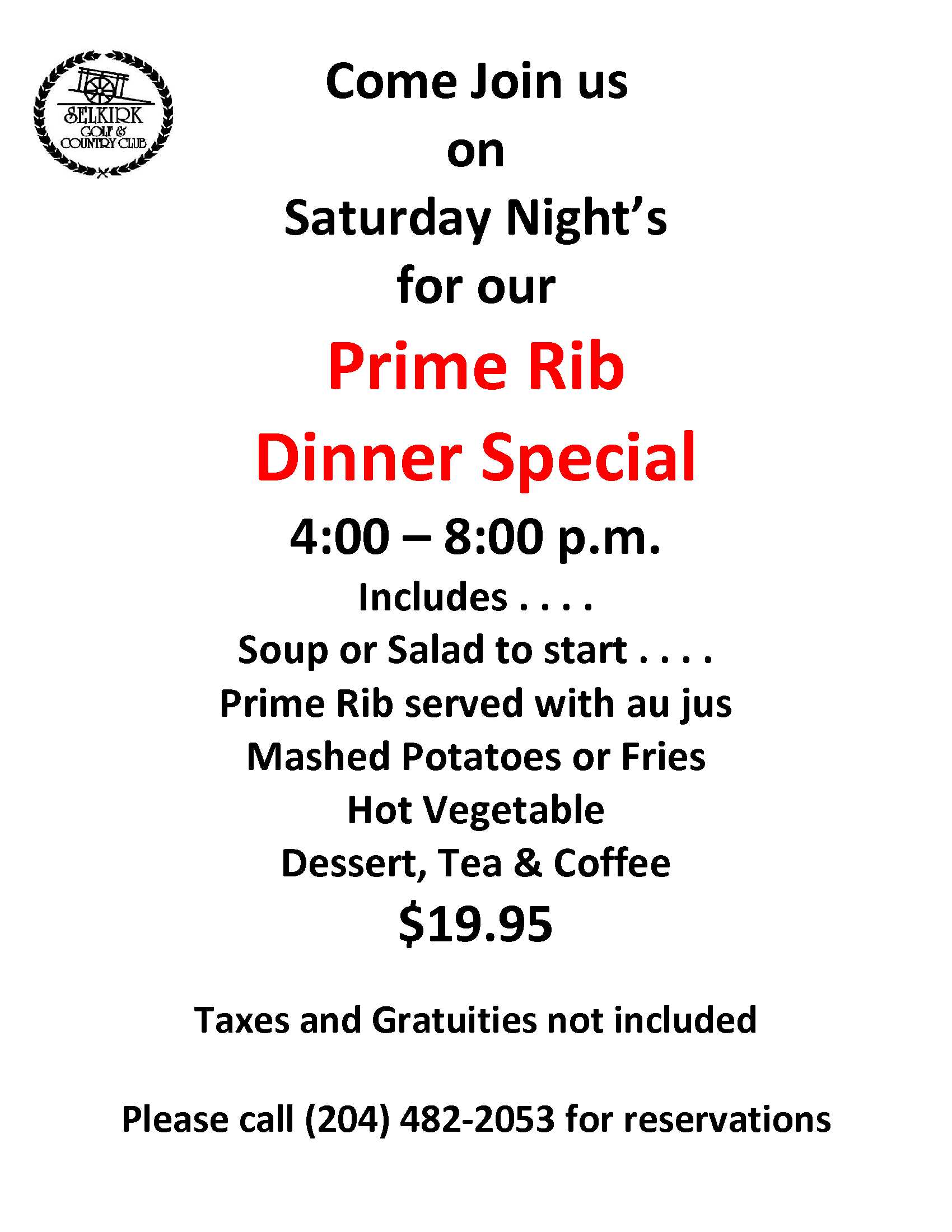 Saturday Prime Rib Dinner special - Selkirk Golf Course and Country Club